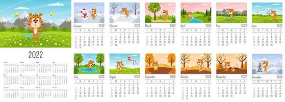 plantilla de calendario de pared vertical 2022. la semana comienza el domingo. calendario listo para imprimir con tigre de dibujos animados de símbolo de año chino. un conjunto de 12 páginas y una cubierta. todos los meses.fondo del paisaje. vector