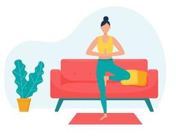 la chica practica yoga en casa. el concepto de clases de yoga en casa. una mujer en la pose de g. práctica de yoga estilo de vida saludable. personaje de caricatura femenino en una sala de estar con muebles. estilo plano vector