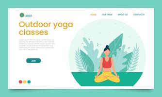 The girl practices yoga in the open air. Landing page template. The concept of outdoor yoga.Yoga classes in nature. Flat style. Woman sit in the Lotus position. Banner with a female cartoon character vector