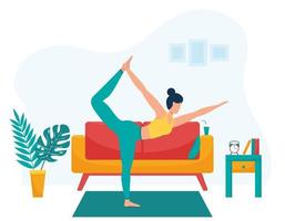 The girl practices yoga at home. The concept of yoga classes at home. Practice yoga in the living room. Flat. Healthy lifestyle. Female character on the background of home furniture.