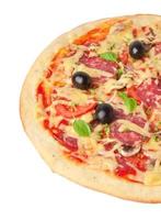 pizza with salami, tomatoes and mushrooms photo