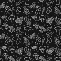Seamless vector pattern with mushrooms. Doodle vector with mushroom icons on black background. Vintage mushroom pattern, sweet elements background for your project, menu, cafe shop
