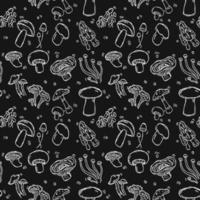 Seamless vector pattern with mushrooms. Doodle vector with mushroom icons on black background. Vintage mushroom pattern, sweet elements background for your project, menu, cafe shop