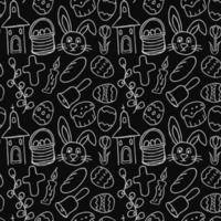 Easter pattern. Seamless pattern with easter icons. Creative easter background with eggs, bunny, rabbit, Easter cake, flowers, willow branch and church vector