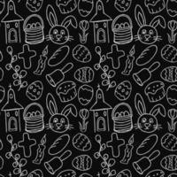 Easter pattern. Seamless pattern with easter icons. Creative easter background with eggs, bunny, rabbit, Easter cake, flowers, willow branch and church vector