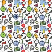 Colored seamless doodle pattern with business and technology set icons. Doodle vector with business icons on white background. Vintage technology icons,sweet elements background for your project