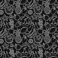 Seamless fruits and vegetables vector pattern. Doodle vector with fruits and vegetables icons on black background. Vintage vegan pattern