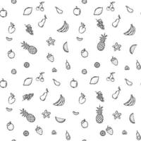 Seamless fruits and vegetables vector pattern. Doodle vector with fruits and vegetables icons on white background. Vintage vegan pattern