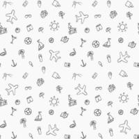 Summer seamless pattern. travel icons on white background. Travel vacation set of icons, journey and trip background. Doodle summer travel icons. Vacation vector pattern with travel icons