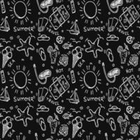 Seamless summer icons pattern. Doodle vector with summer icons on black background. Vintage summer icons