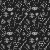 patrón de vector de halloween sin costuras. Doodle vector con iconos de Halloween sobre fondo negro. iconos de halloween vintage, fondo de elementos dulces para su proyecto