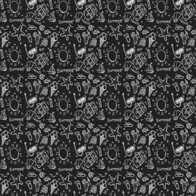 Seamless summer icons pattern. Doodle vector with summer icons on black background. Vintage summer icons