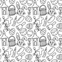 Easter pattern. Seamless pattern with easter icons. Creative easter background with eggs, bunny, rabbit, Easter cake, flowers, willow branch and church vector