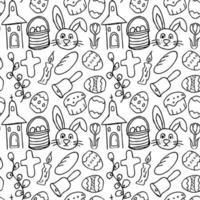 Easter pattern. Seamless pattern with easter icons. Creative easter background with eggs, bunny, rabbit, Easter cake, flowers, willow branch and church vector