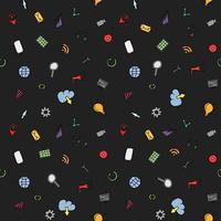 Colored seamless doodle pattern with business and technology set icons. Doodle vector with business icons on dark background. Vintage technology icons,sweet elements background for your project