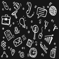 Business set icons. Doodle vector with business icons on black background