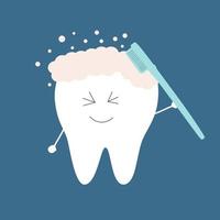 Cute tooth with a toothbrush brushes himself with toothpaste. vector