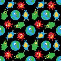 Little planet and funny multicolored aliens on a black seamless background. vector