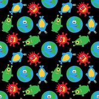 Little planet and funny multicolored aliens on a black seamless background. vector