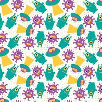 Funny aliens with a flying saucer on a white seamless background. vector