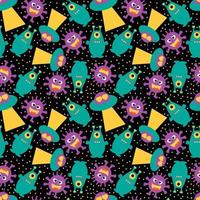 Funny aliens with a flying saucer on a black seamless background. vector
