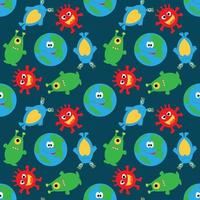Cute planet and funny multicolored aliens on a blue seamless background. vector