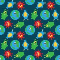 Cute planet and funny multicolored aliens on a blue seamless background. vector