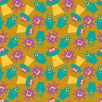 Funny aliens with a flying saucer on a brown background seamless pattern. vector