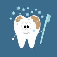 Cheerful dirty tooth with a toothbrush in his hands. Vector flat illustration. Isolated blue background. Teeth cleaning. Dental care.