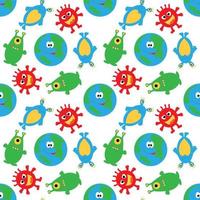 Small planet and funny multicolored aliens on a white seamless background. vector