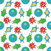 Small planet and funny multicolored aliens on a white seamless background. vector