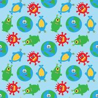 Cute planet and funny multicolored aliens on a blue seamless background. vector