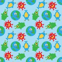 Cute planet and funny multicolored aliens on a blue seamless background. vector