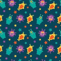 Funny aliens and multicolored stars on a dark blue background. vector