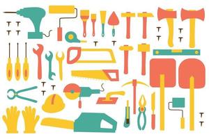 A set of tools for construction and repair. Elements of icons for design or logo. Drill, brushes, nails, trowel, screwdriver, shovel, hammer, ax, saw, etc. Flat illustration. vector