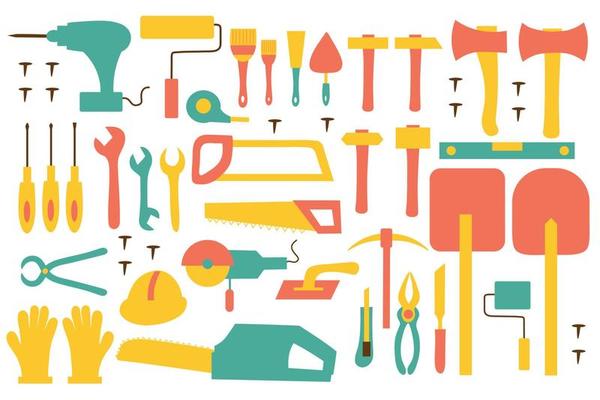 A set of tools for construction and repair. Elements of icons for design or logo. Drill, brushes, nails, trowel, screwdriver, shovel, hammer, ax, saw, etc. Flat illustration.