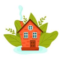 Stylized house on a background of green leaves, isolated on a white background. Home, sweet home. Flat vector illustration.