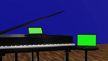 l'idea per imparare il pianoforte online da solo a casa. schermata blu sul muro per lo sfondo. schermo verde, schermo del laptop e computer, cellulare o smartphone. Rendering 3d. video