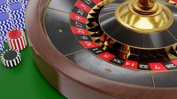 arriesgando tu fortuna o apostando en un casino tipo ruleta. rueda de la ruleta de la mesa de juego y apuesta con fichas de diferentes colores en lugar de efectivo. representación 3d