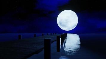de volle maan 's nachts was vol sterren en een vage mist. een houten brug strekte zich uit in de zee. fantasiebeeld 's nachts, supermaan, zeewatergolf. 3D-rendering