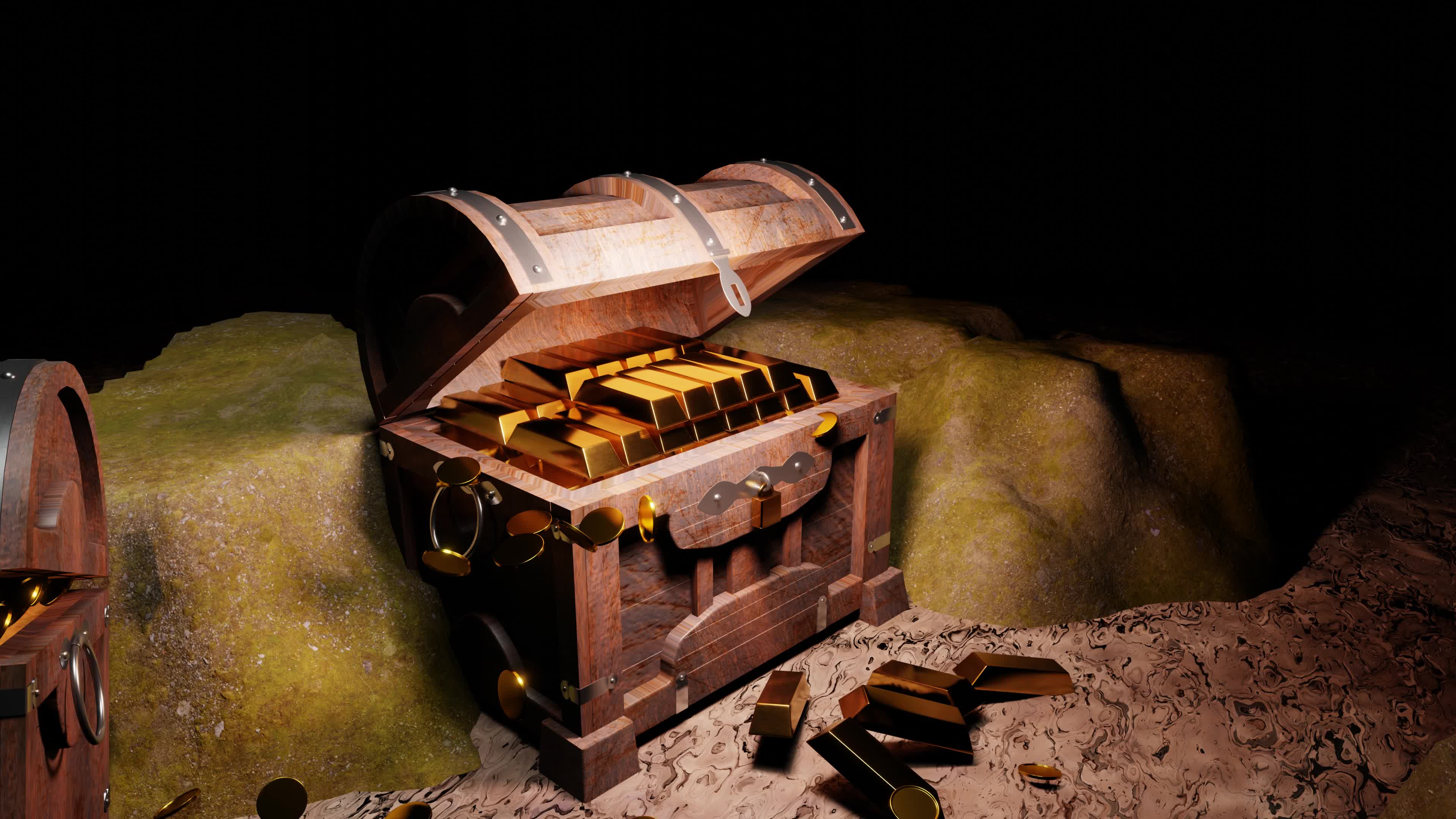 A wooden and rusted metal treasure chest sinks under the sea of pirates