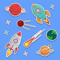 a set of stickers from a rocket, planets, meteorite, satellite and stars vector