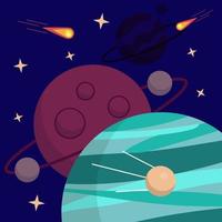 Spaceship travel to the new planets and galaxies. Space trip future technology vector