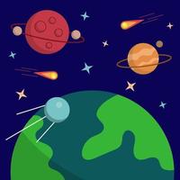 Spaceship travel to the new planets and galaxies. Space trip future technology vector