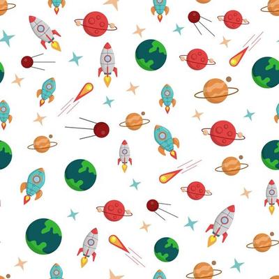 Seamless space pattern with isolated objects on a white background