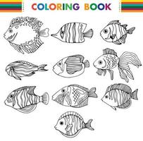 Cartoon sea fishes outlined for coloring page on a white background vector