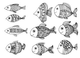 Coloring page different cute fish for kids. Freehand sketch drawing for adult antistress coloring book in zentangle style.