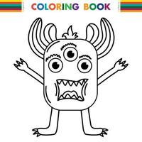 Funny and cute Alien monster with three eyes for kids. Imaginary creature for children coloring book, black and white outline fantasy cartoon for coloring pages. vector