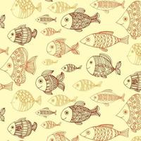 Seamless boho flat pattern with doodle brown fishes on beige background. Underwater lagoon world. Vector child texture for fabrics, wallpapers and your creativity