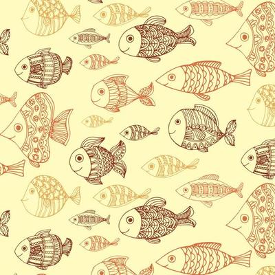 Seamless boho flat pattern with doodle brown fishes on beige background. Underwater lagoon world. Vector child texture for fabrics, wallpapers and your creativity